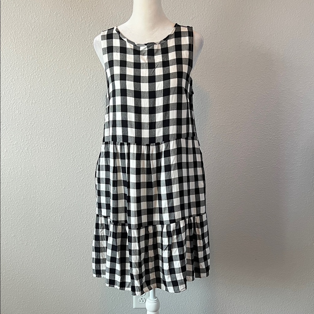 PrettyGarden Gingham Plaid Ruffle Tiered Sleeveless Mini Dress Black/White Sz S